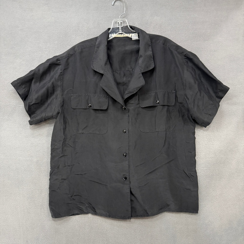 Vtg Justin Allen Shirt Women Medium Black 100% Sand Washed Silk Button Down